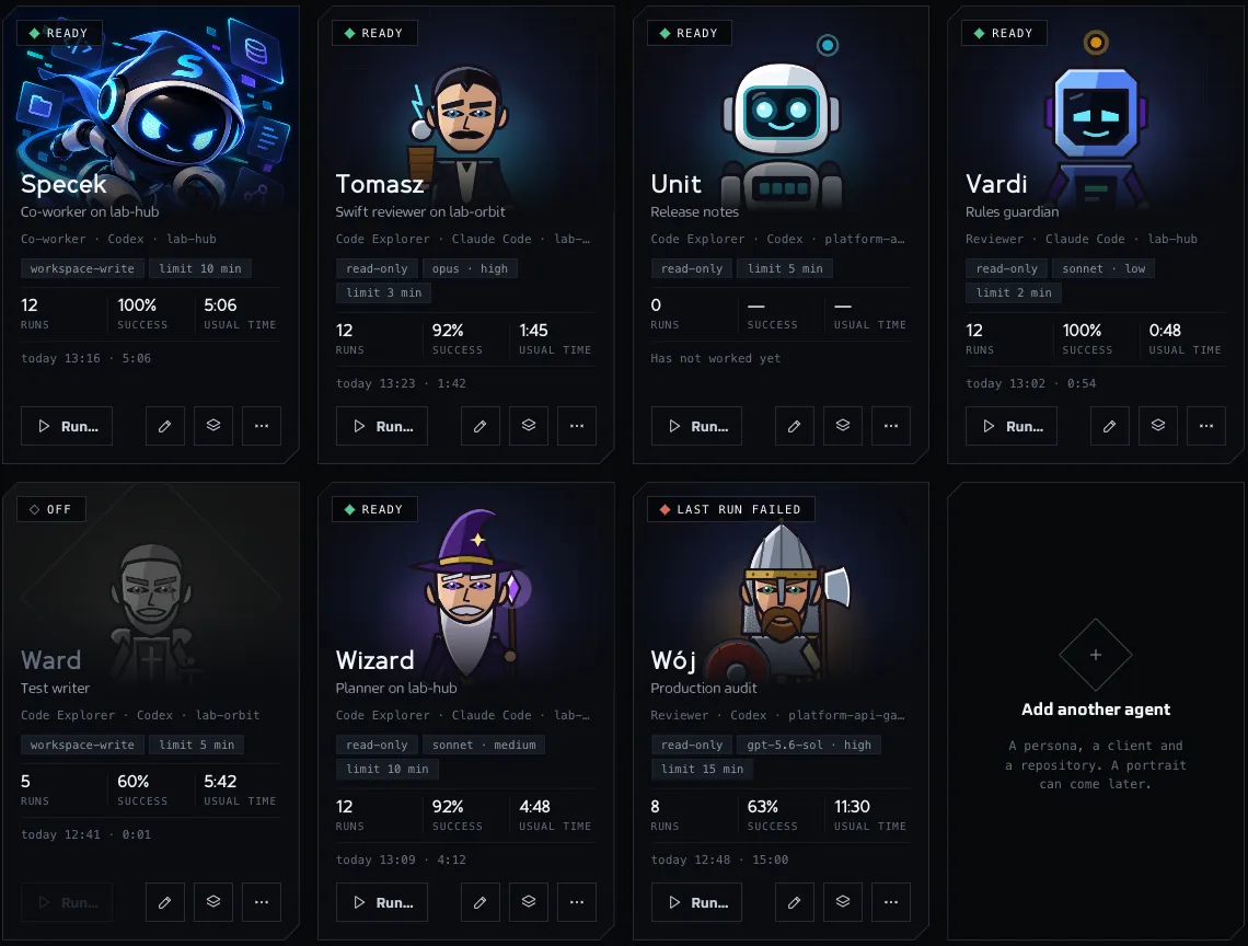 The Agents screen as a gallery of agent cards, each with its portrait loaded: Specek and characters of the DevHub pets. A card shows the state, the persona, the client and the repository, the sandbox and the time limit, the runs, the success rate and the usual time, and buttons to run or edit the agent. The sample data shown is made up.
