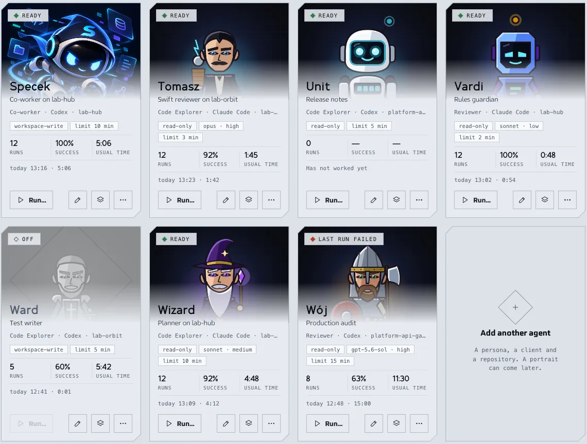 The Agents screen as a gallery of agent cards, each with its portrait loaded: Specek and characters of the DevHub pets. A card shows the state, the persona, the client and the repository, the sandbox and the time limit, the runs, the success rate and the usual time, and buttons to run or edit the agent. The sample data shown is made up.