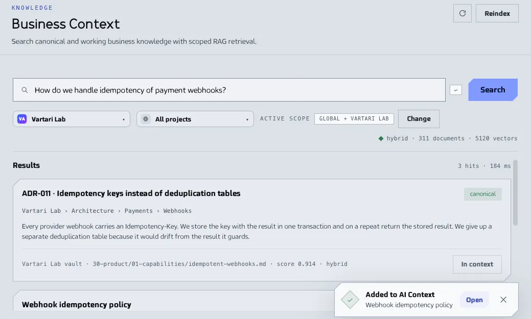The Business Context screen with a question in the search box and a list of matching notes from a vault, each with its path and score. The sample data shown is made up.
