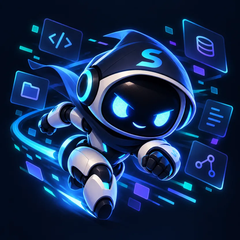 Specek, the DevHub agent: a small hooded robot with glowing blue eyes, flying past floating panels with code, files, a database, notes and a graph.